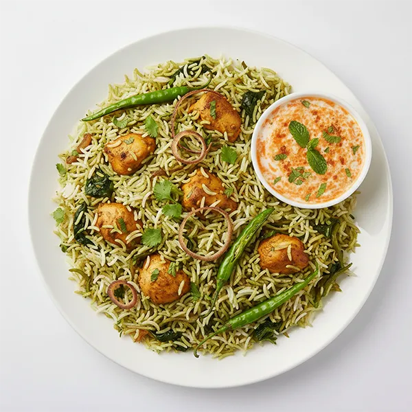 Chicken Saag Biryani with Carrot Raita